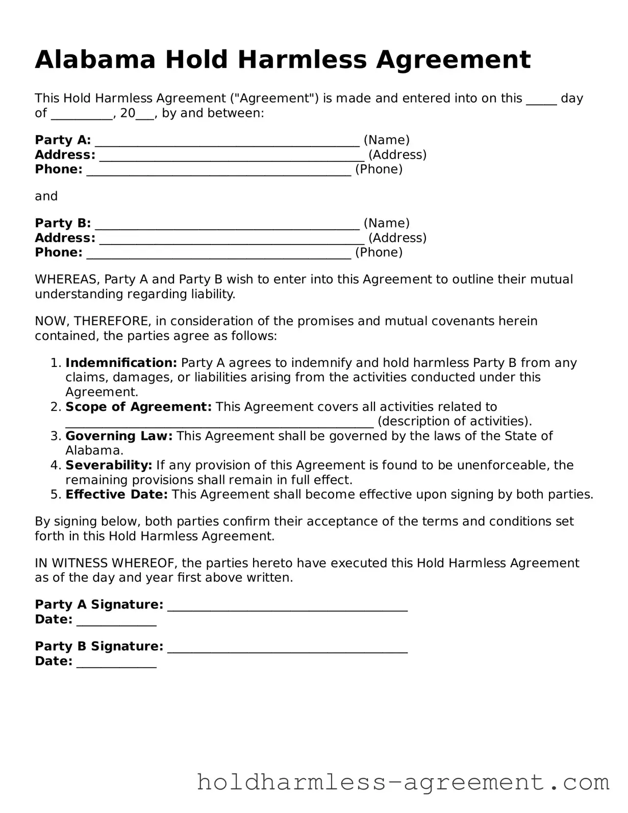 Printable Hold Harmless Agreement Form for Alabama State