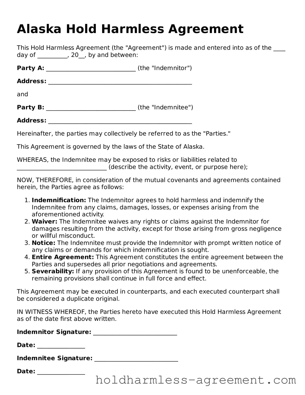 Printable Hold Harmless Agreement Form for Alaska State