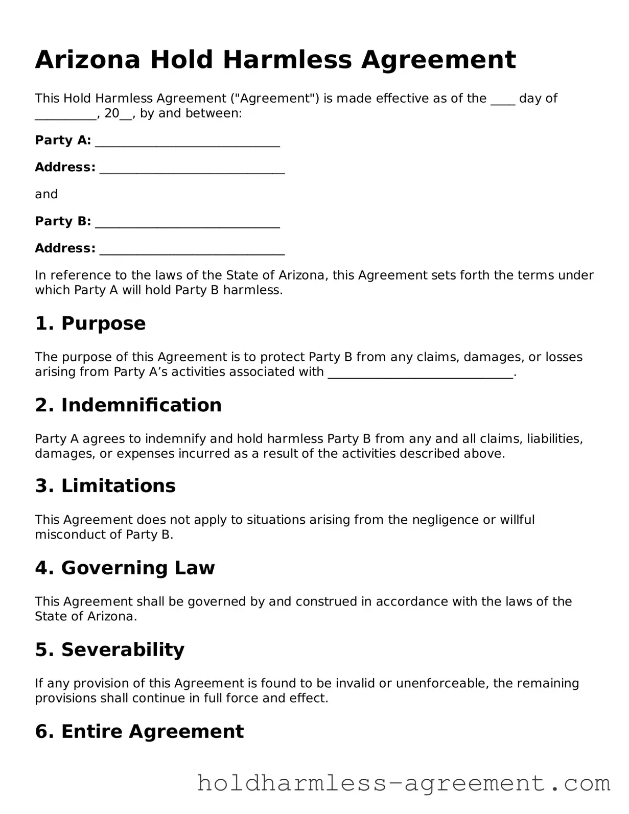 Printable Hold Harmless Agreement Form for Arizona State