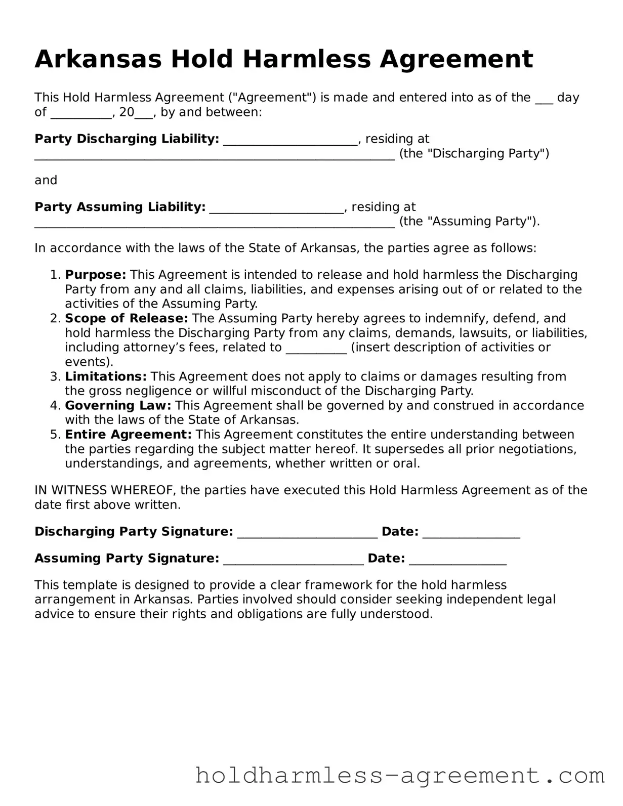 Printable Hold Harmless Agreement Form for Arkansas State