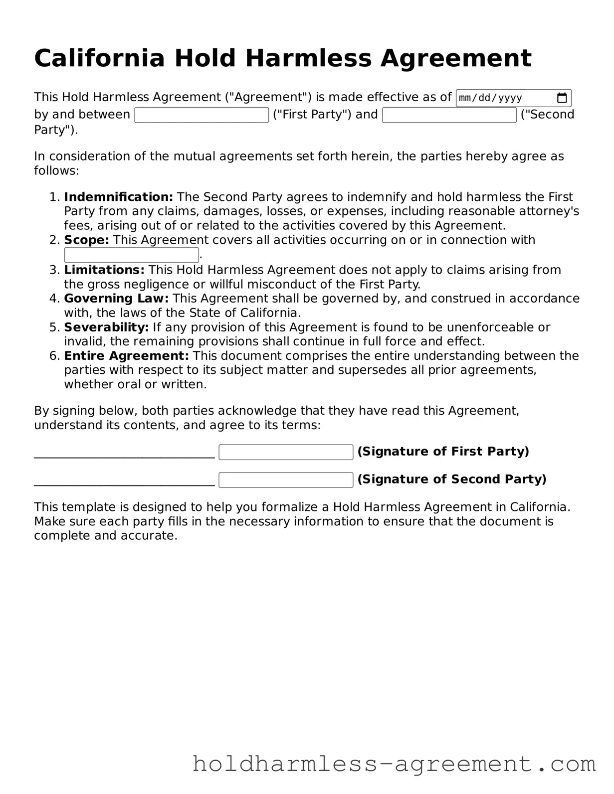 Printable Hold Harmless Agreement Form for California State