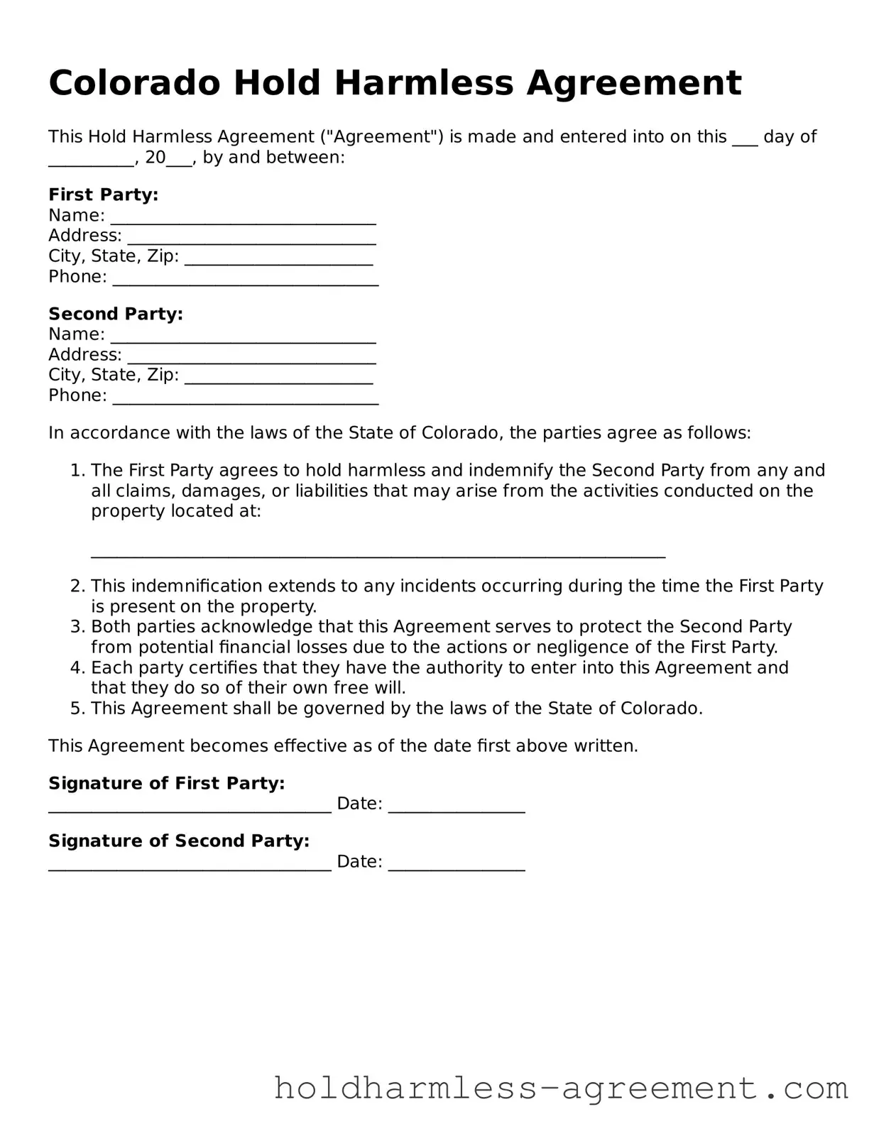 Printable Hold Harmless Agreement Form for Colorado State