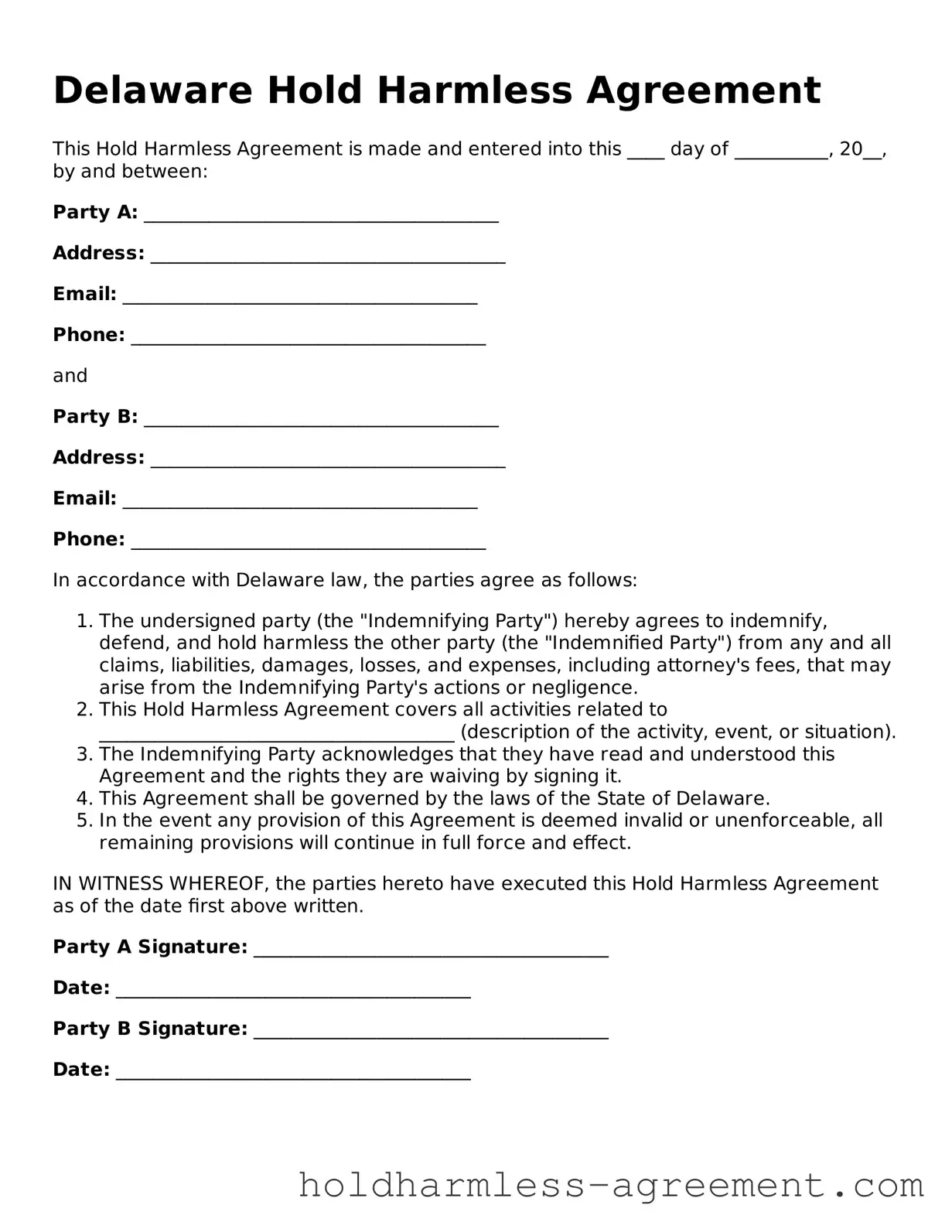 Printable Hold Harmless Agreement Form for Delaware State