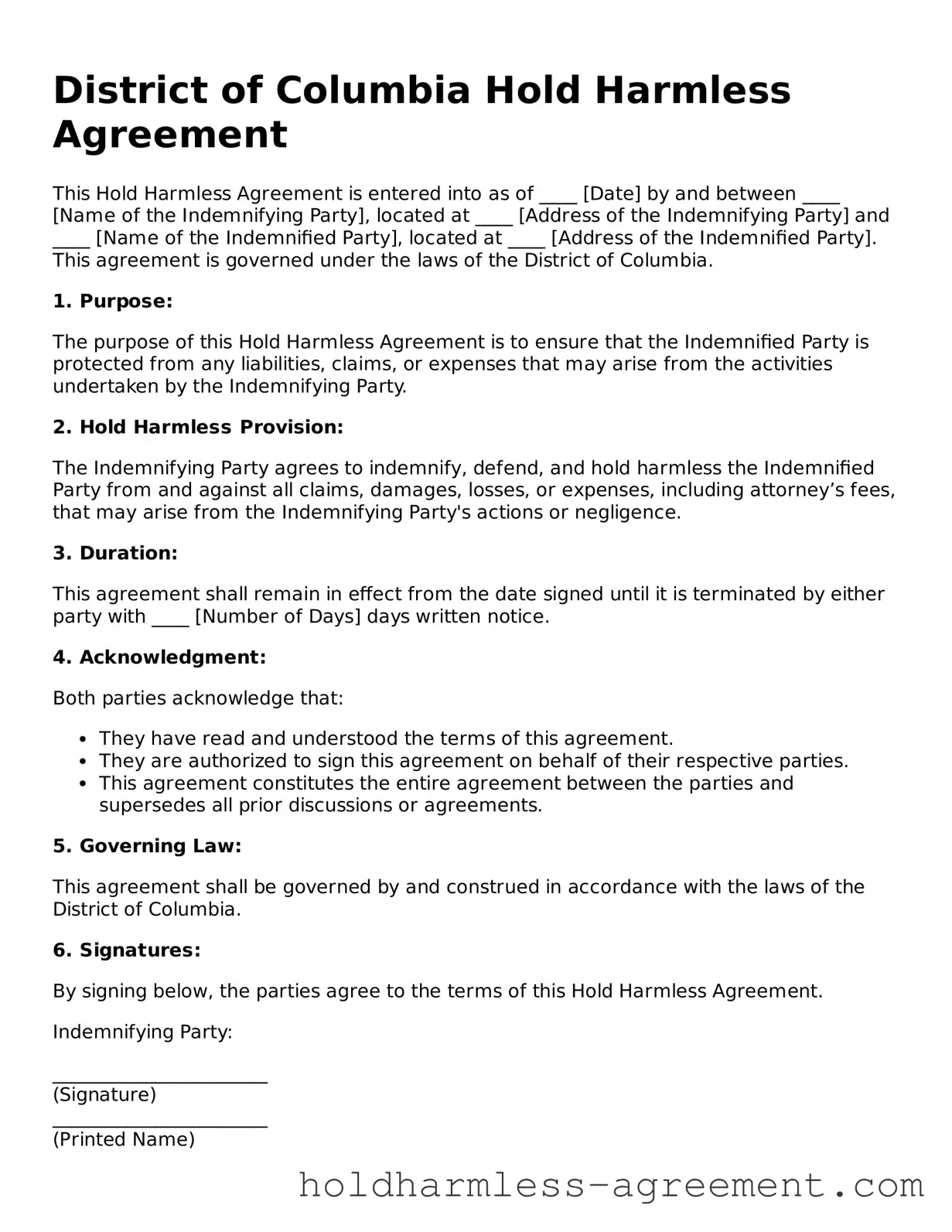 Printable Hold Harmless Agreement Form for District of Columbia State
