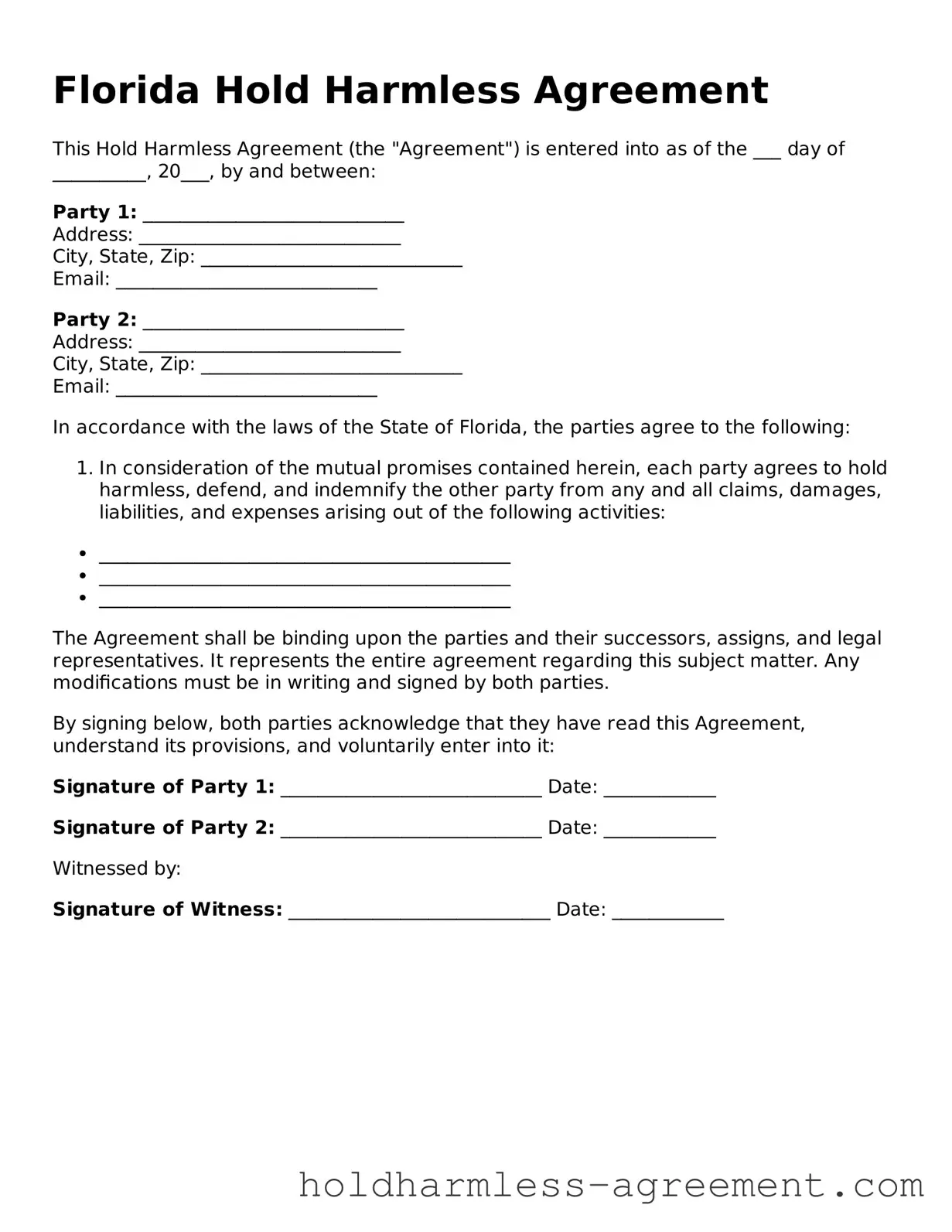 Printable Hold Harmless Agreement Form for Florida State