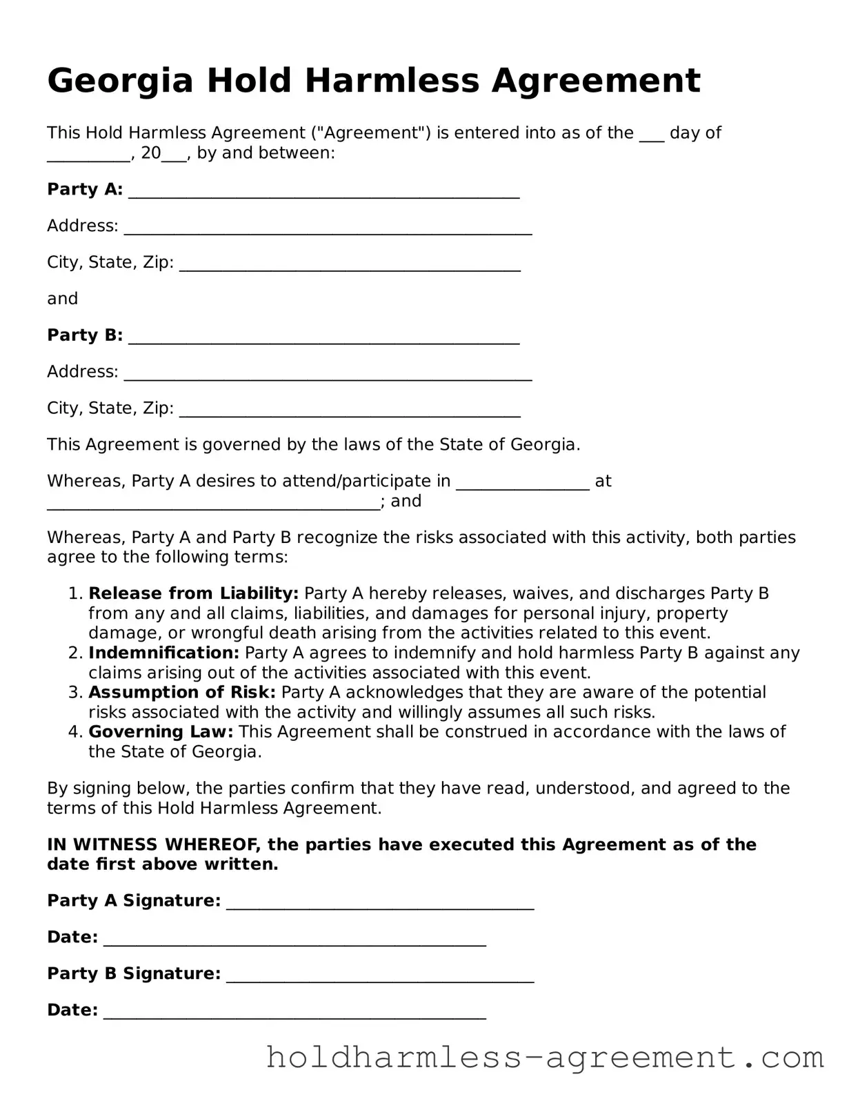 Printable Hold Harmless Agreement Form for Georgia State