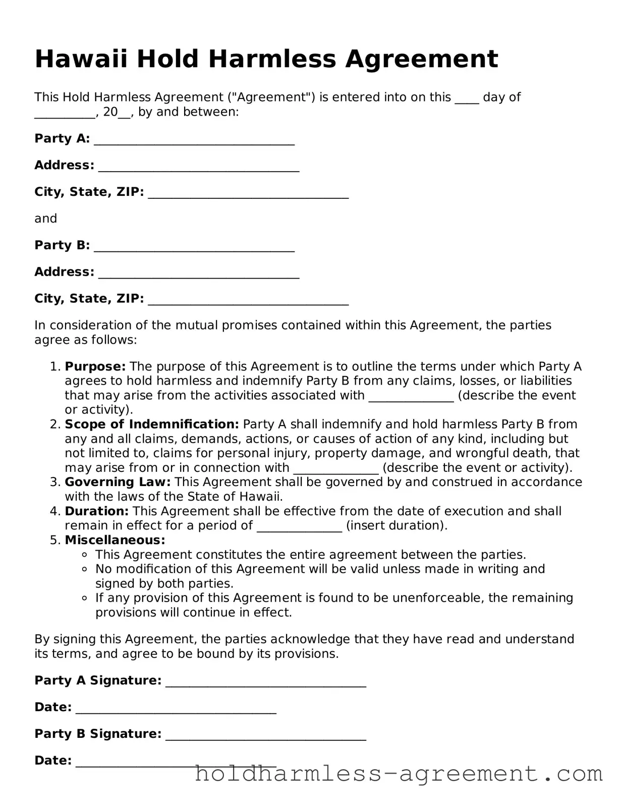 Printable Hold Harmless Agreement Form for Hawaii State