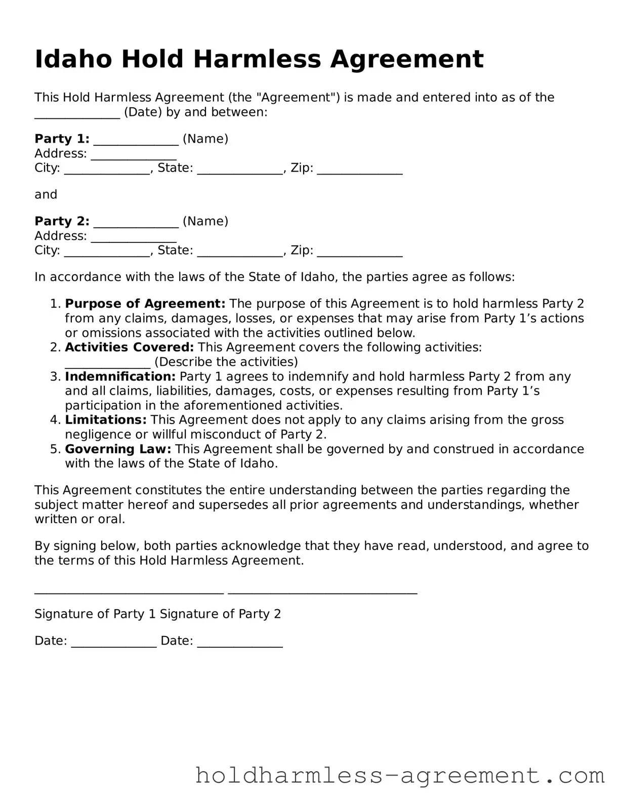 Printable Hold Harmless Agreement Form for Idaho State