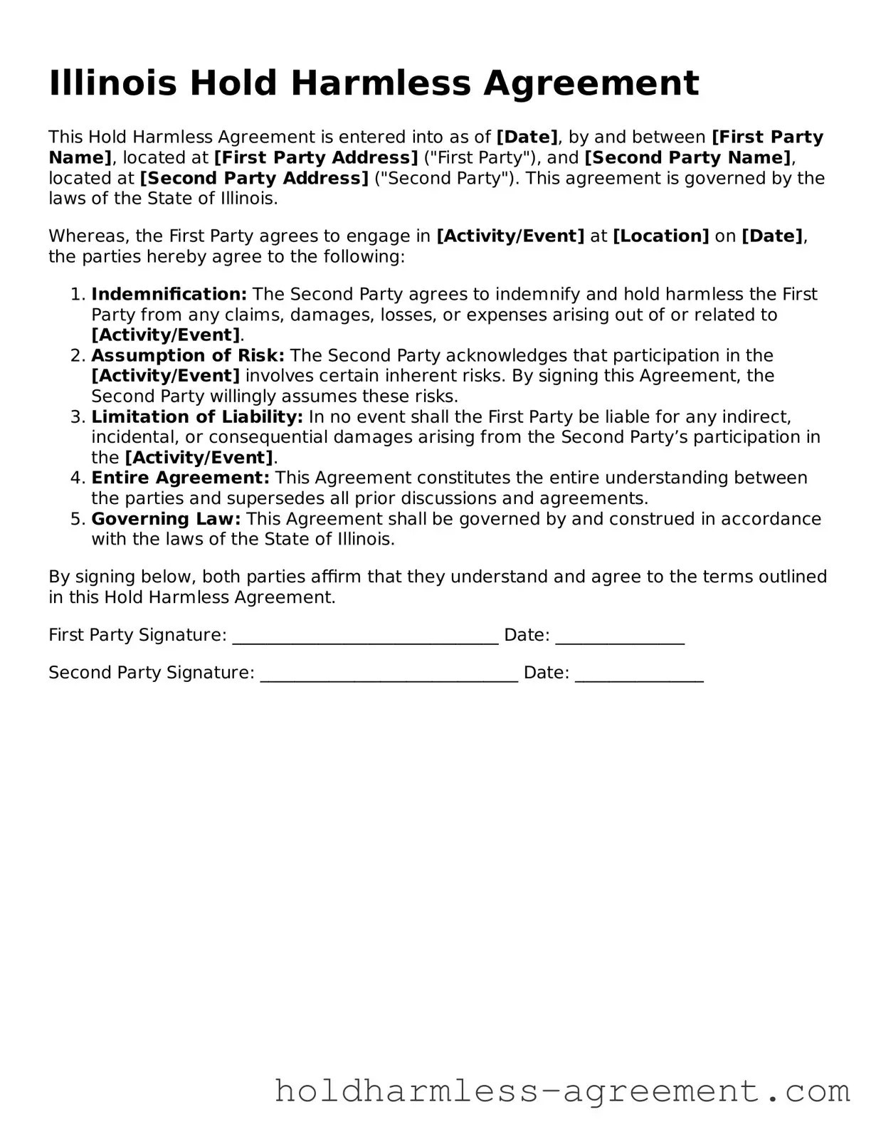 Printable Hold Harmless Agreement Form for Illinois State