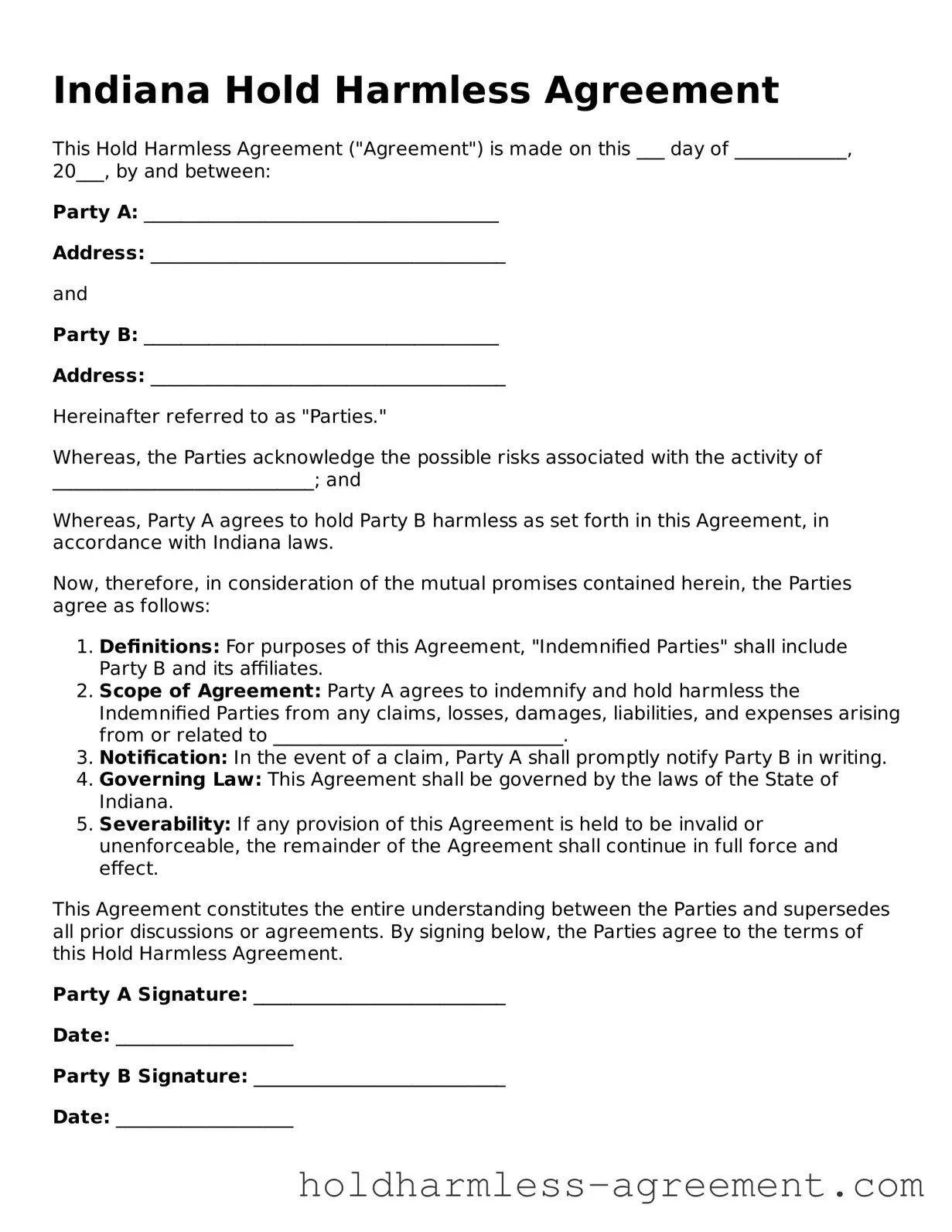 Printable Hold Harmless Agreement Form for Indiana State