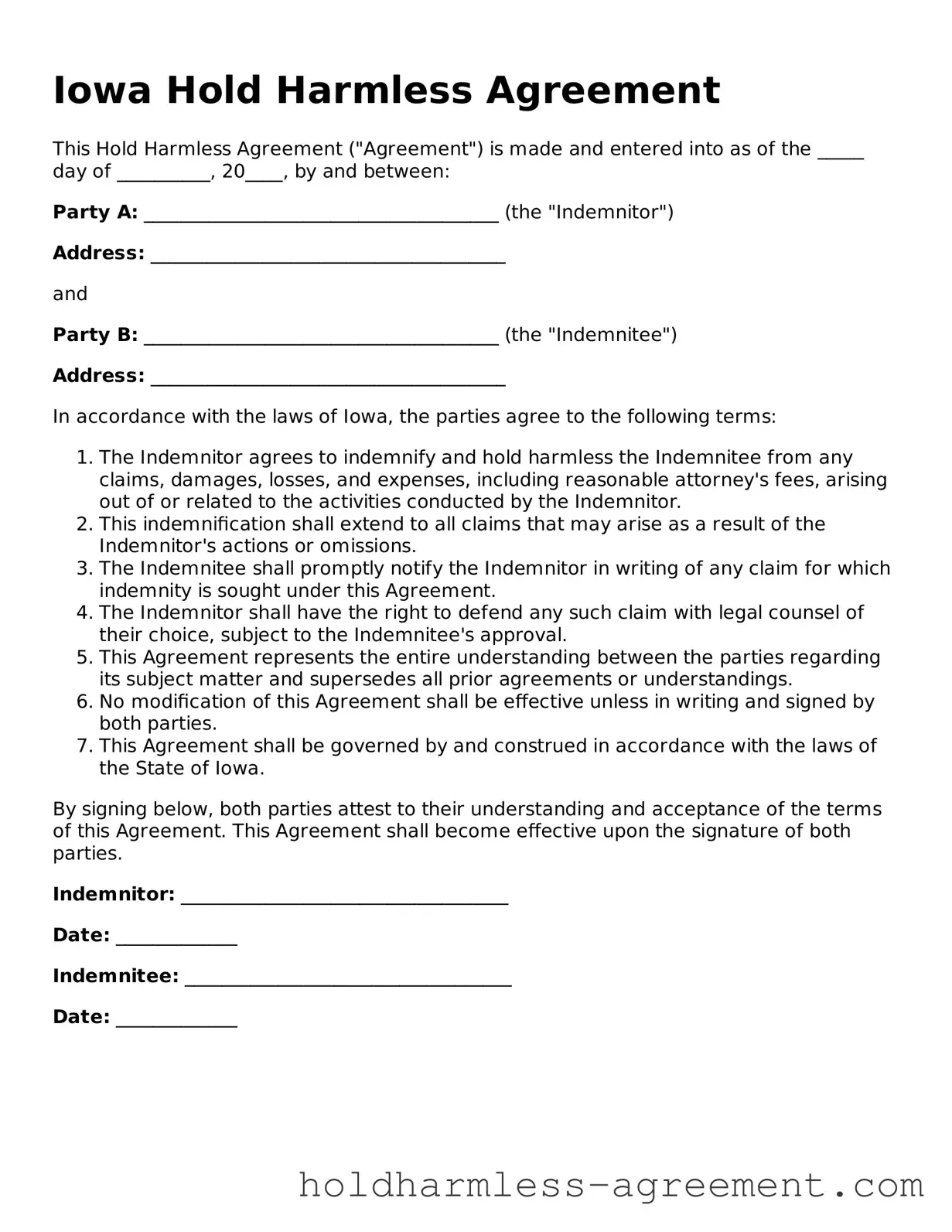Printable Hold Harmless Agreement Form for Iowa State