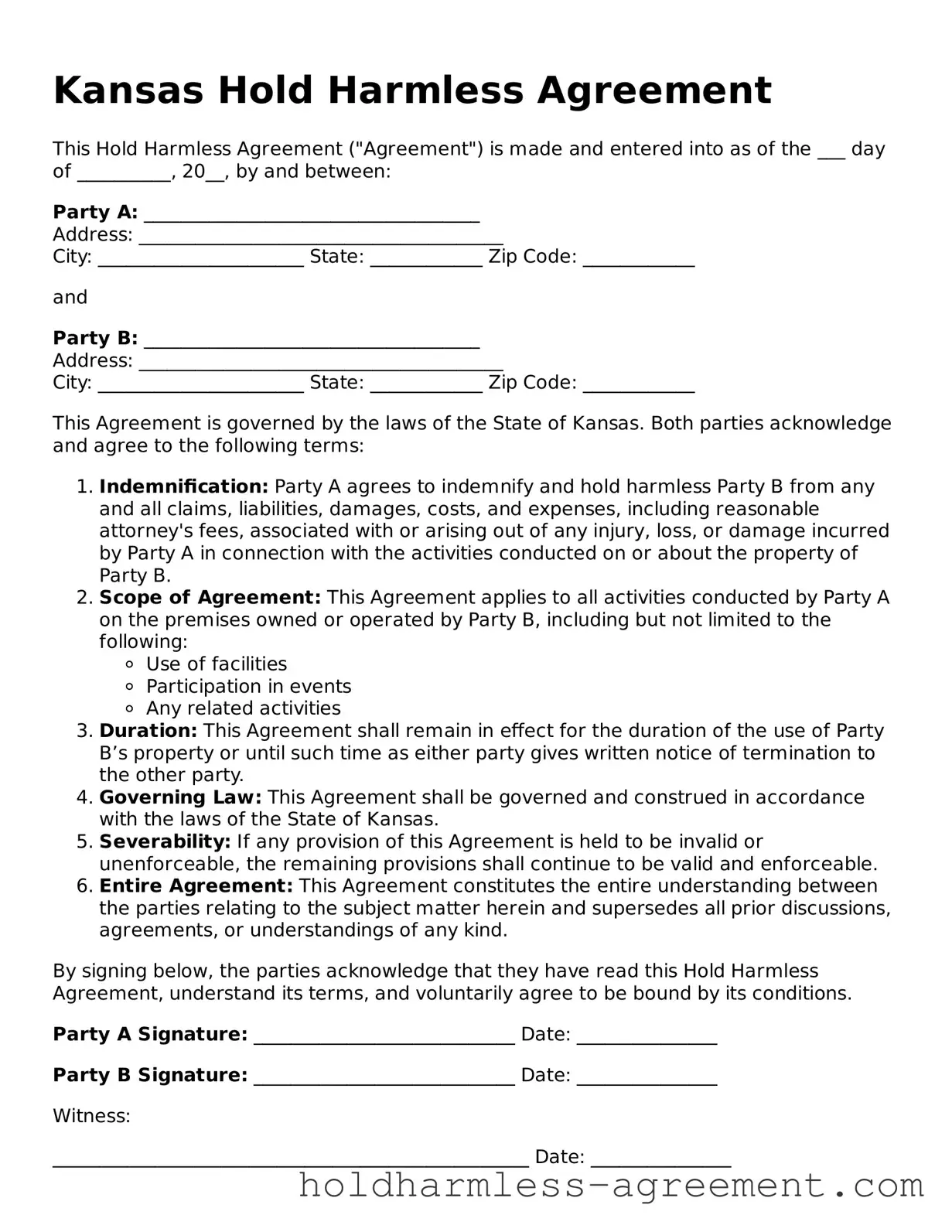 Printable Hold Harmless Agreement Form for Kansas State