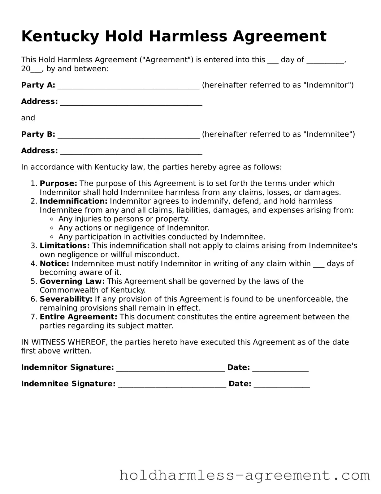 Printable Hold Harmless Agreement Form for Kentucky State