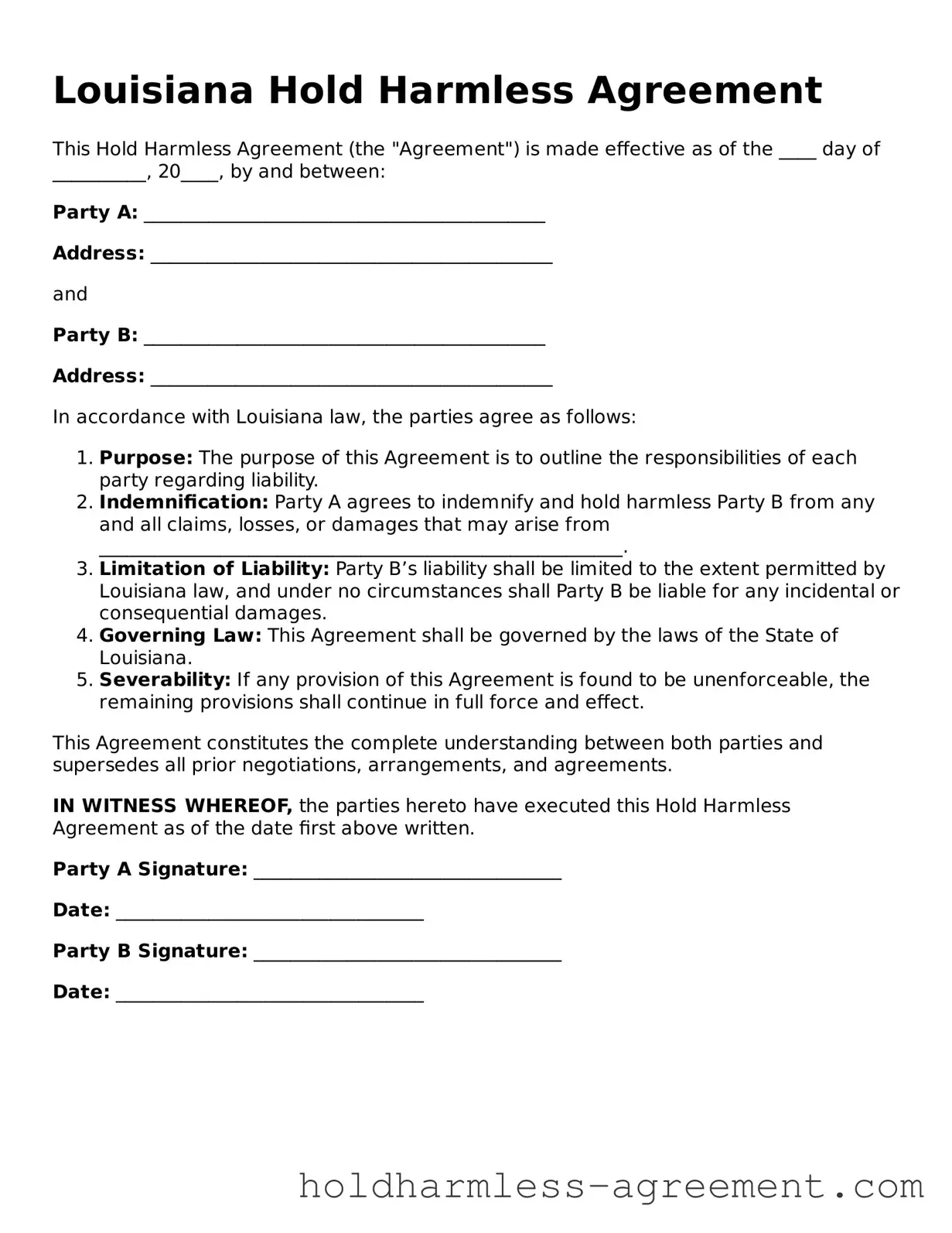 Printable Hold Harmless Agreement Form for Louisiana State