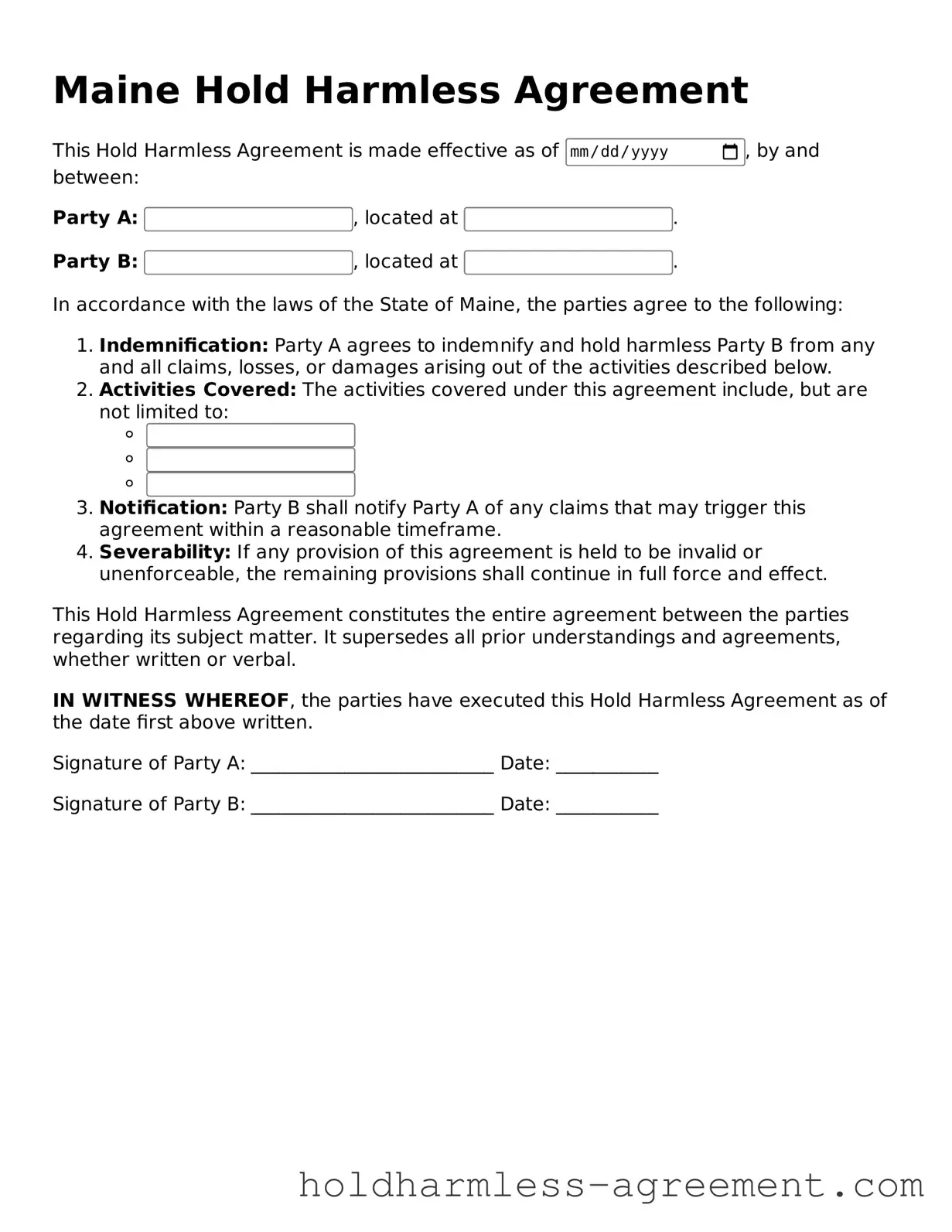 Printable Hold Harmless Agreement Form for Maine State