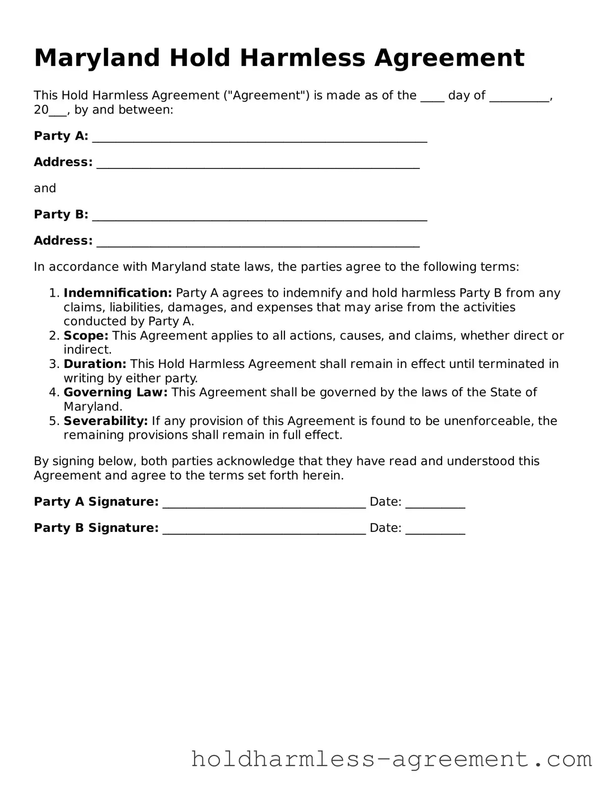 Printable Hold Harmless Agreement Form for Maryland State