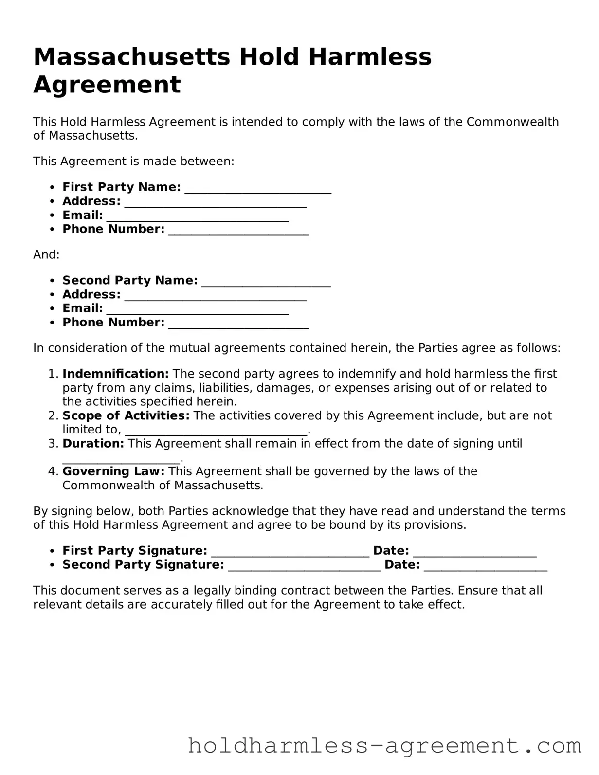 Printable Hold Harmless Agreement Form for Massachusetts State