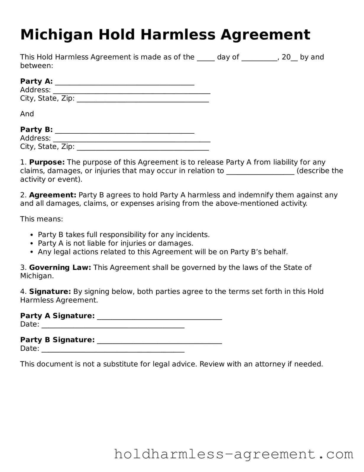 Printable Hold Harmless Agreement Form for Michigan State