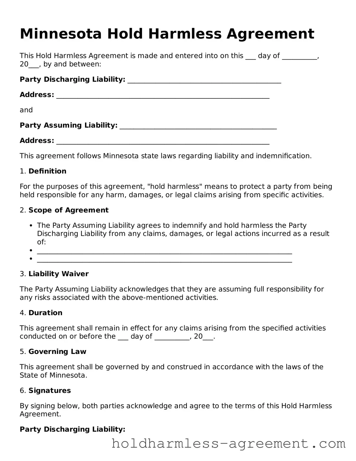 Printable Hold Harmless Agreement Form for Minnesota State