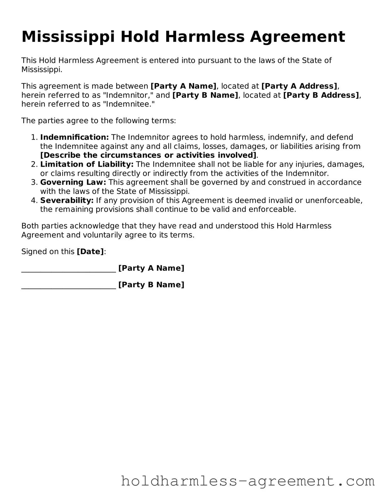 Printable Hold Harmless Agreement Form for Mississippi State