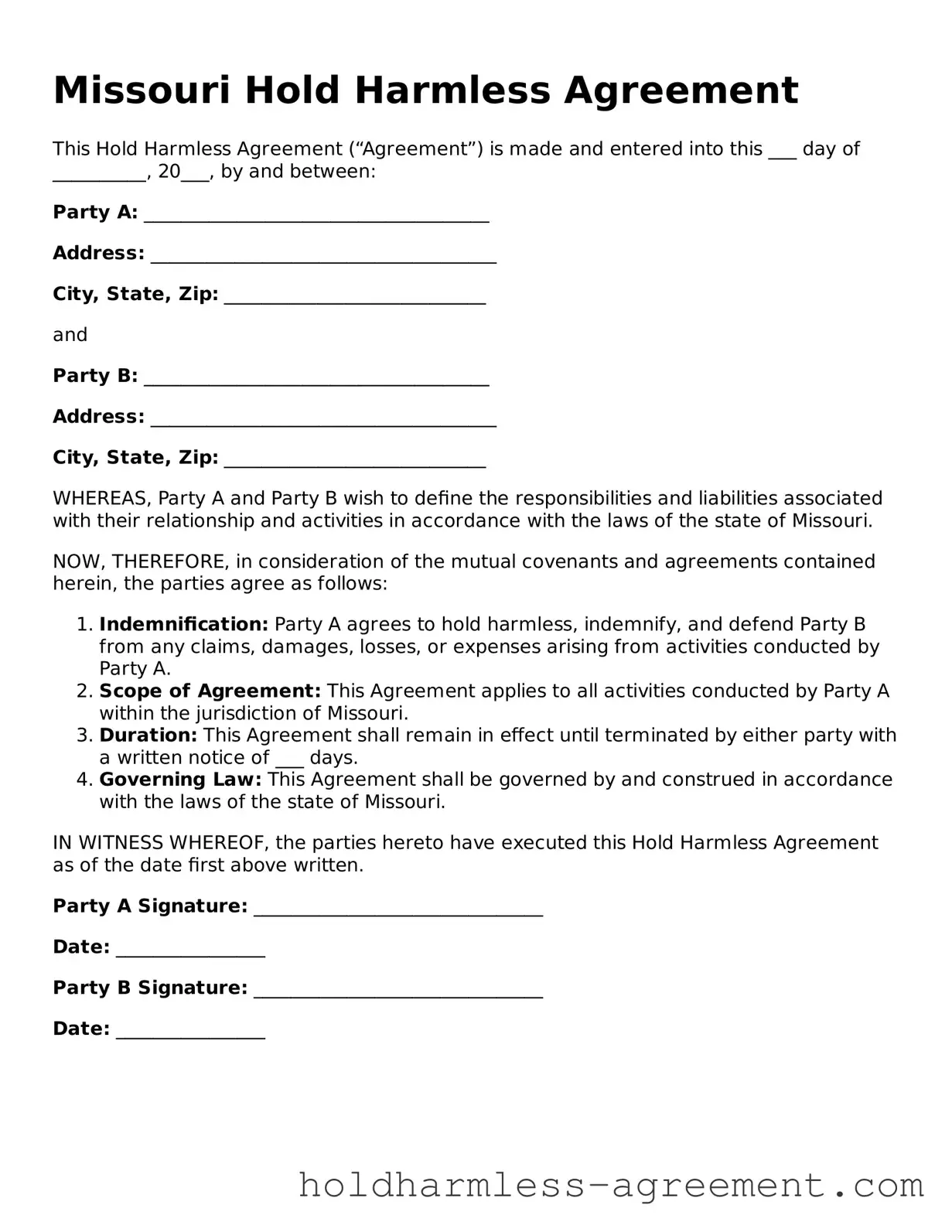 Printable Hold Harmless Agreement Form for Missouri State