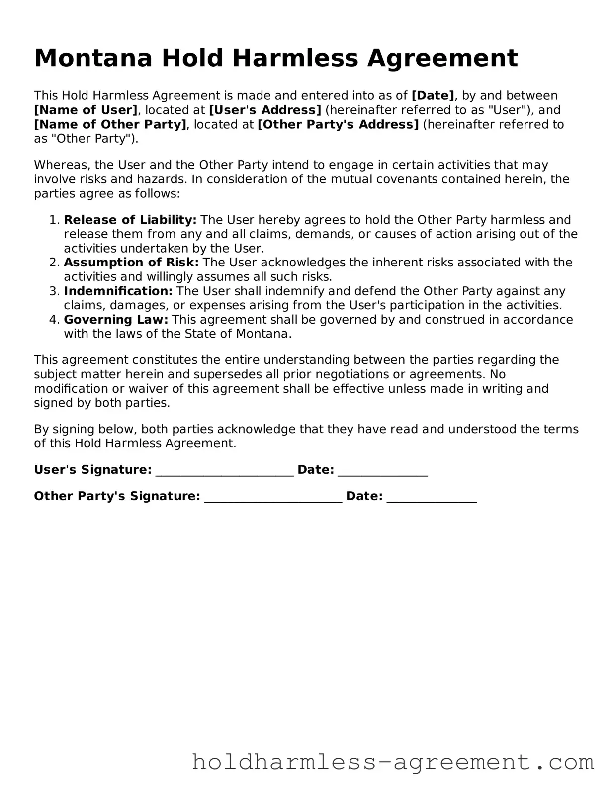 Printable Hold Harmless Agreement Form for Montana State