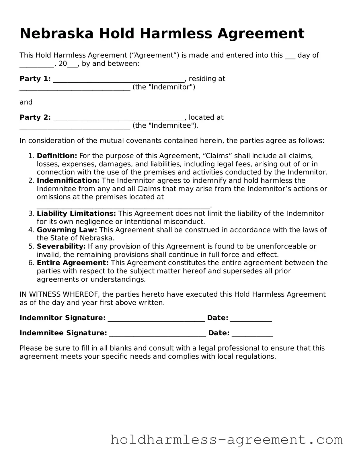 Printable Hold Harmless Agreement Form for Nebraska State