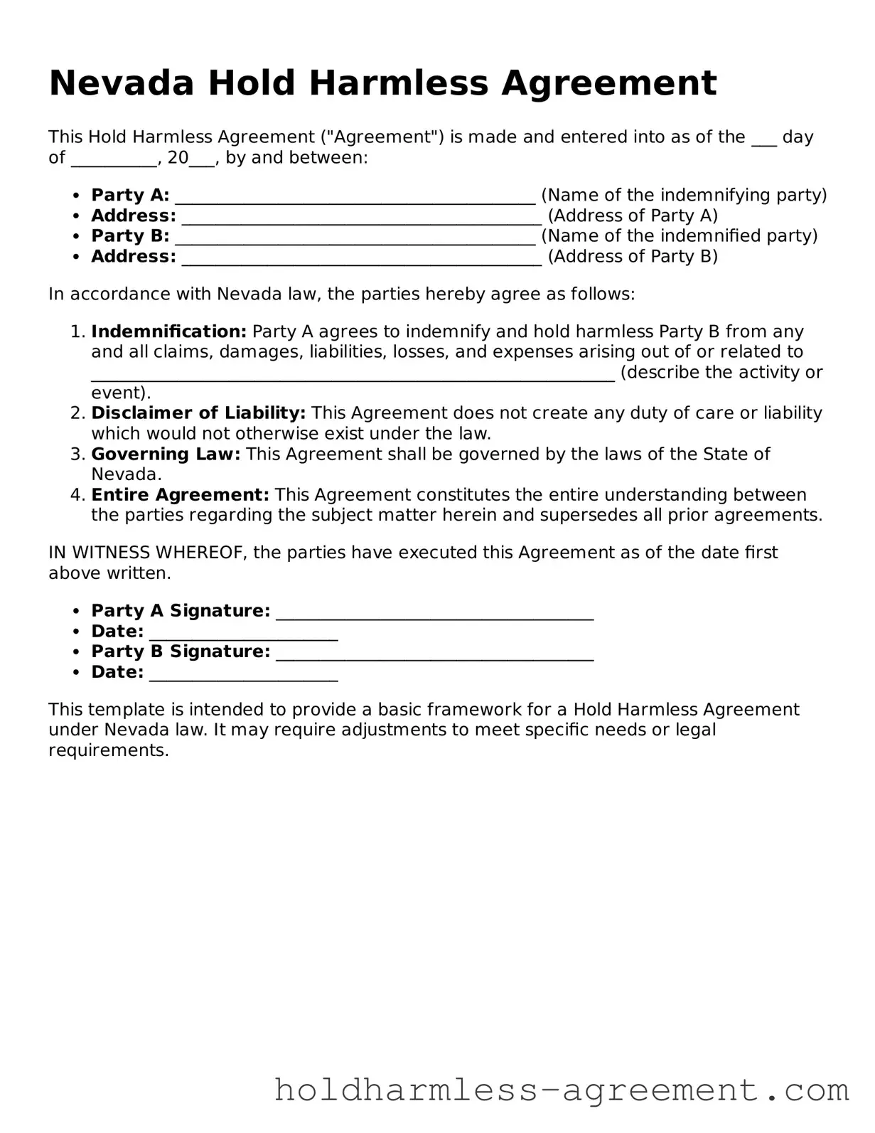 Printable Hold Harmless Agreement Form for Nevada State