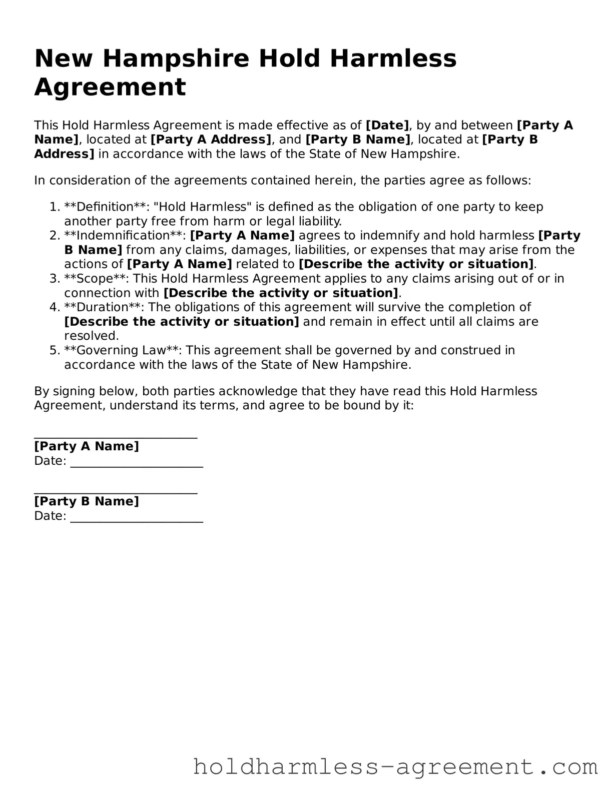 Printable Hold Harmless Agreement Form for New Hampshire State