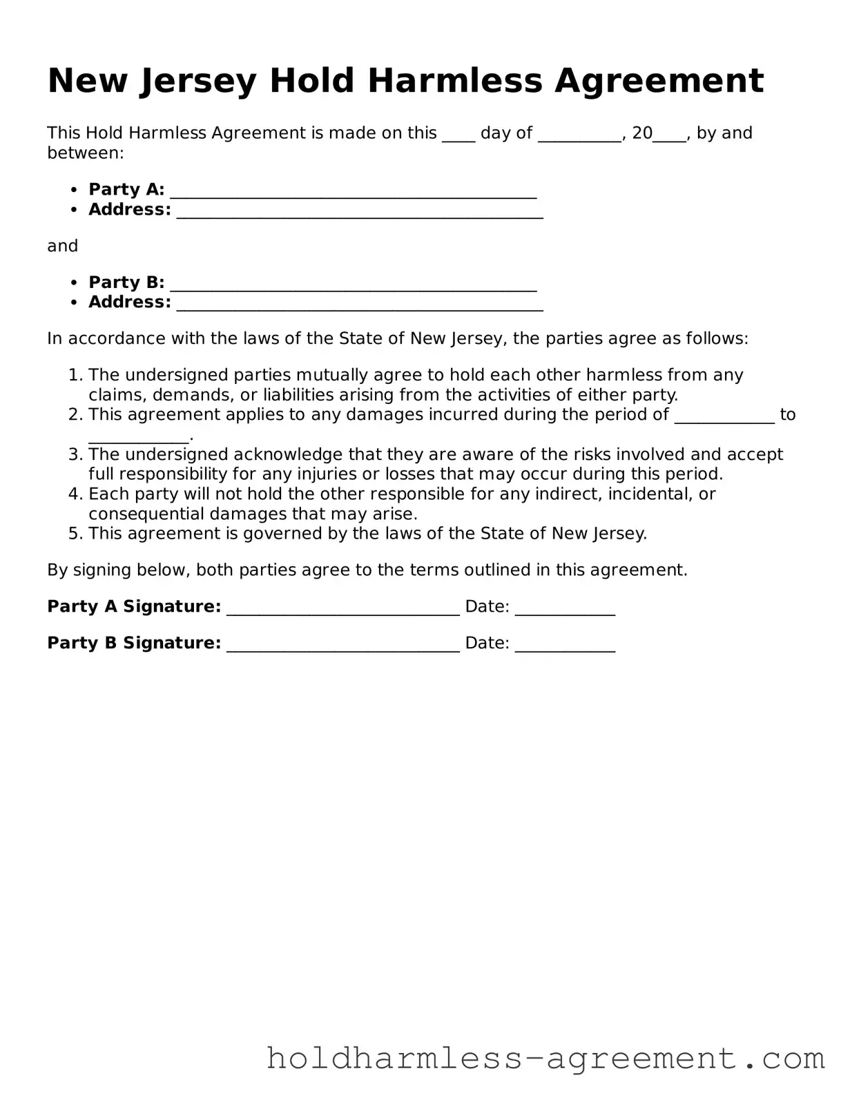 Printable Hold Harmless Agreement Form for New Jersey State