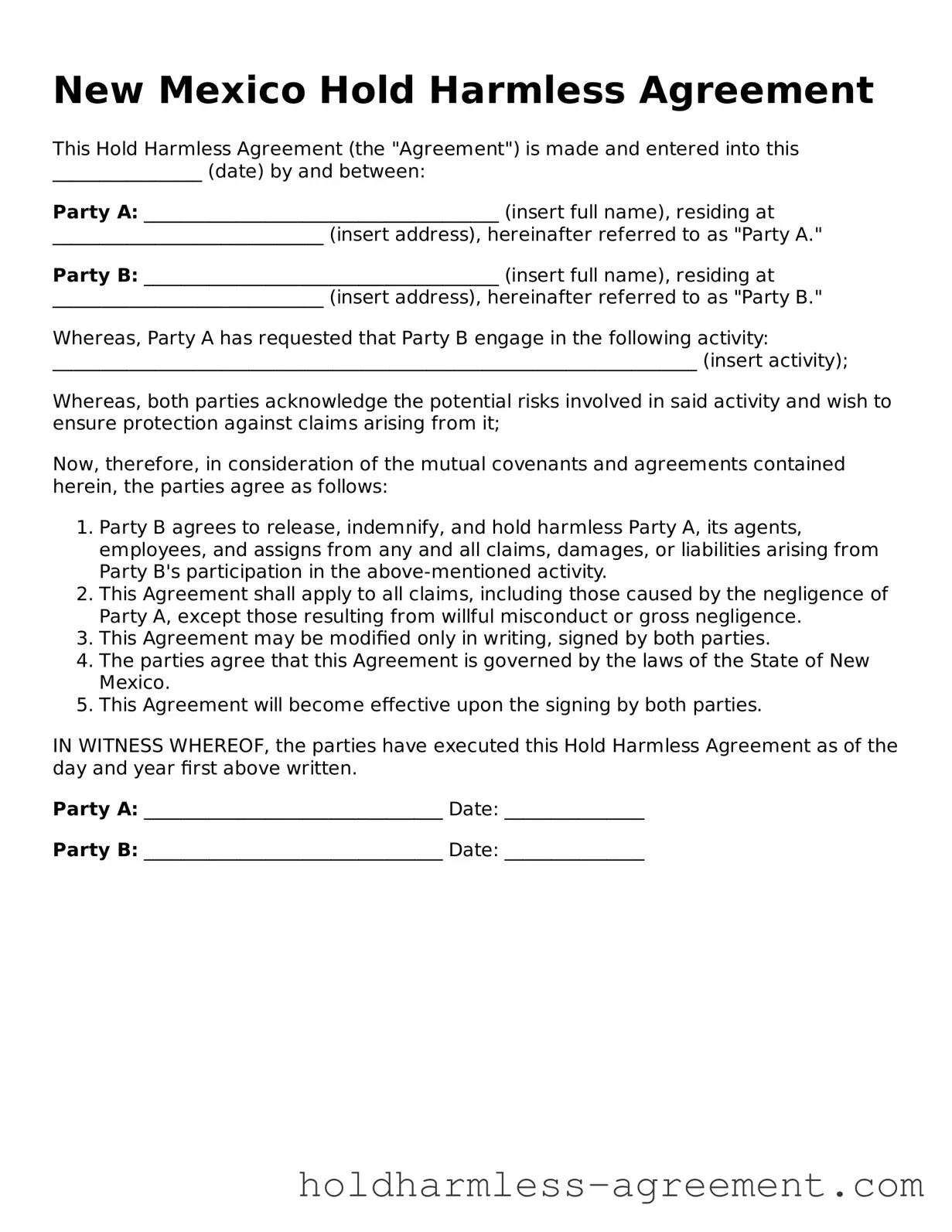 Printable Hold Harmless Agreement Form for New Mexico State