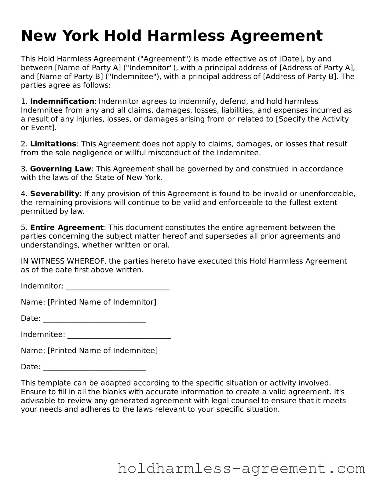 Printable Hold Harmless Agreement Form for New York State
