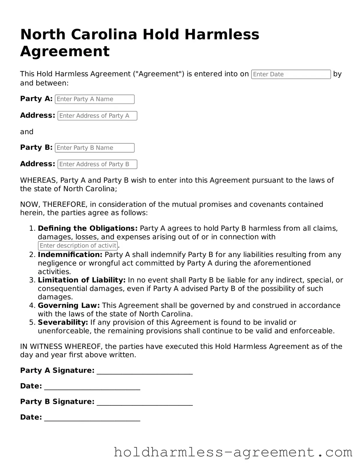 Printable Hold Harmless Agreement Form for North Carolina State