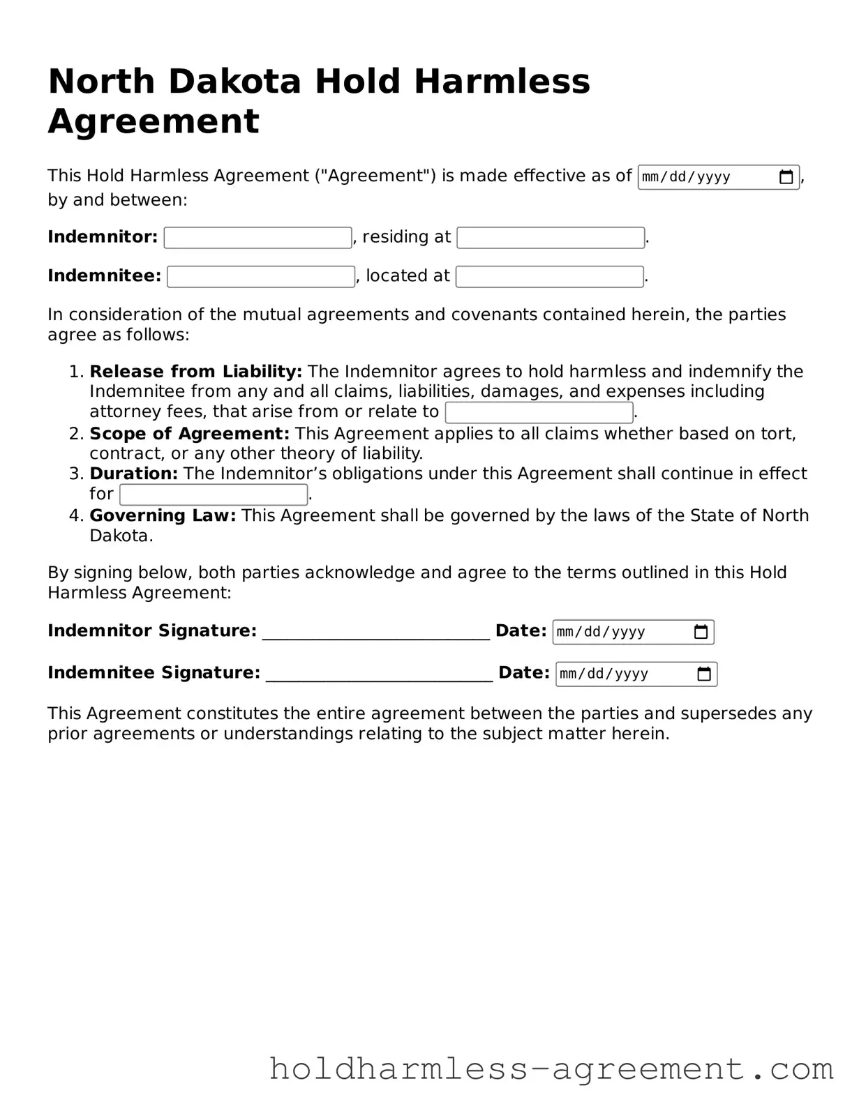 Printable Hold Harmless Agreement Form for North Dakota State
