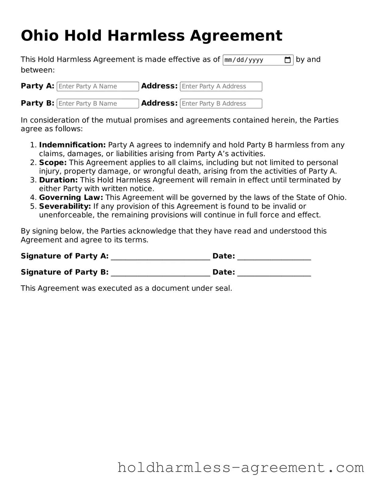 Printable Hold Harmless Agreement Form for Ohio State