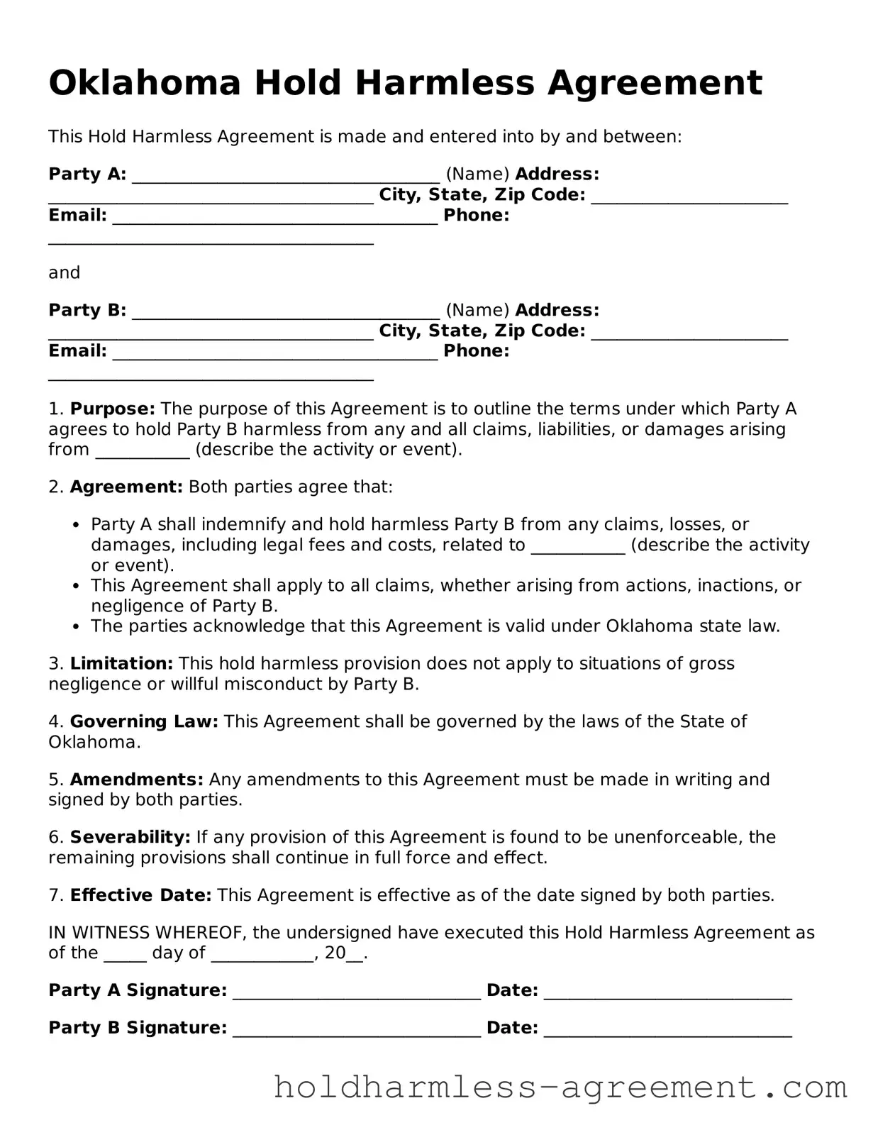 Printable Hold Harmless Agreement Form for Oklahoma State