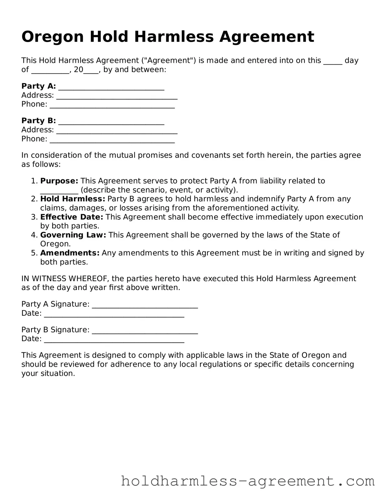 Printable Hold Harmless Agreement Form for Oregon State