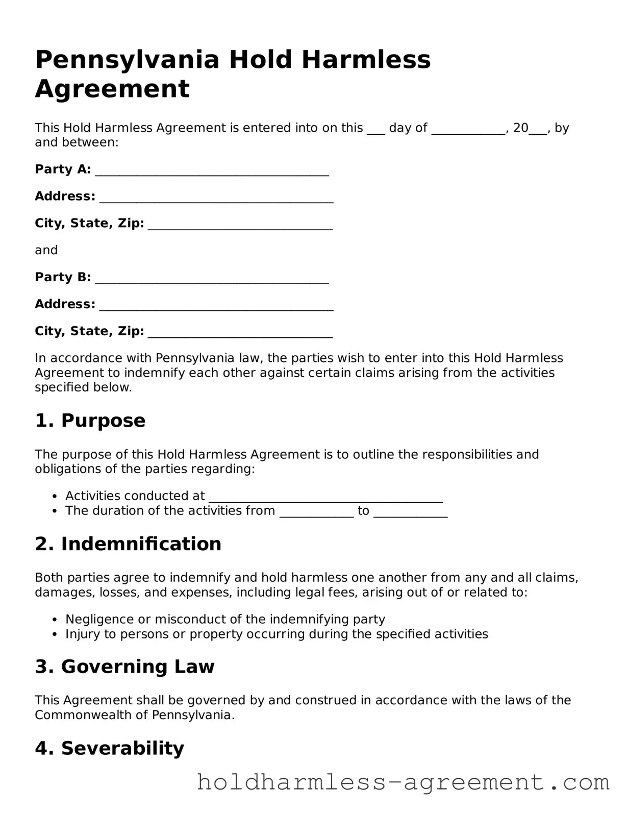 Printable Hold Harmless Agreement Form for Pennsylvania State