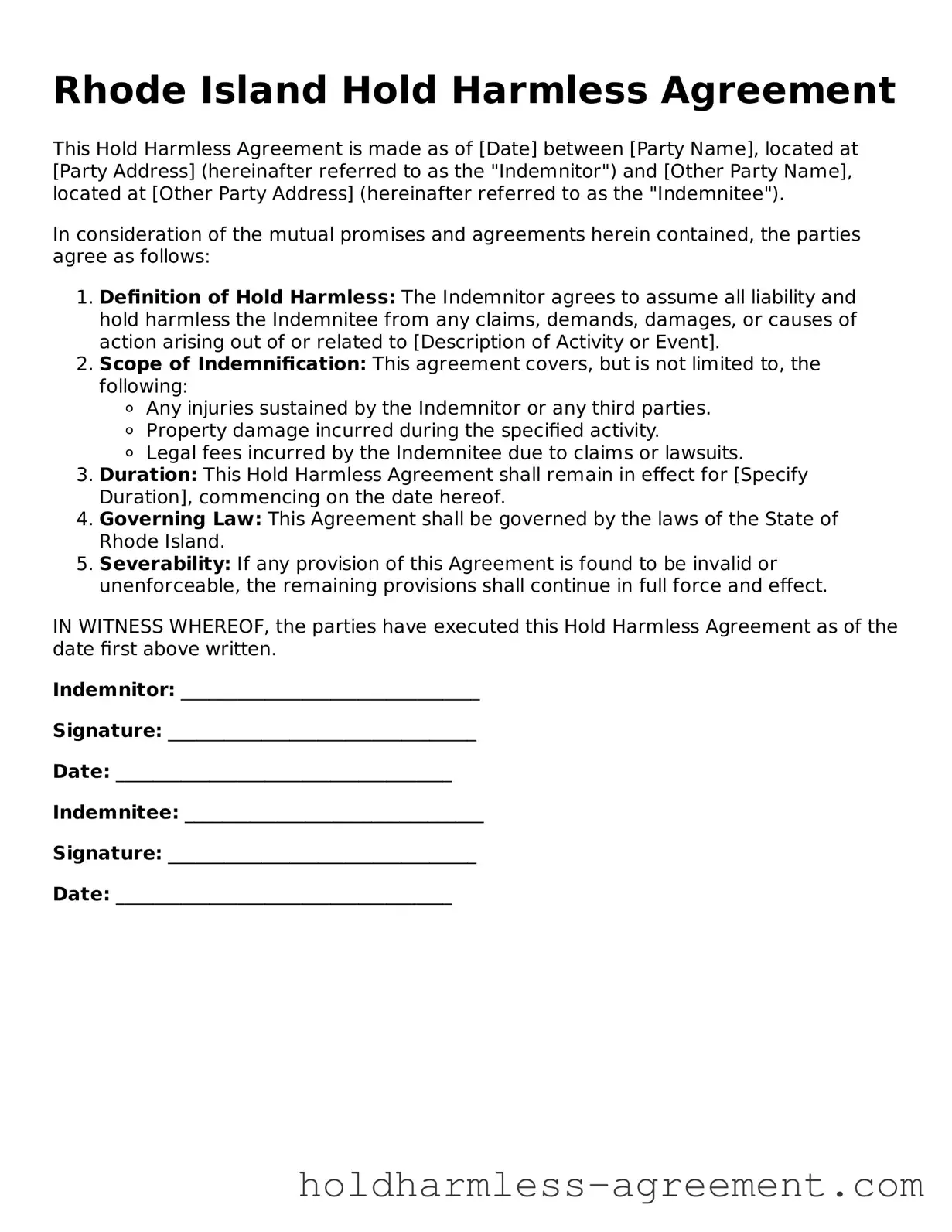 Printable Hold Harmless Agreement Form for Rhode Island State