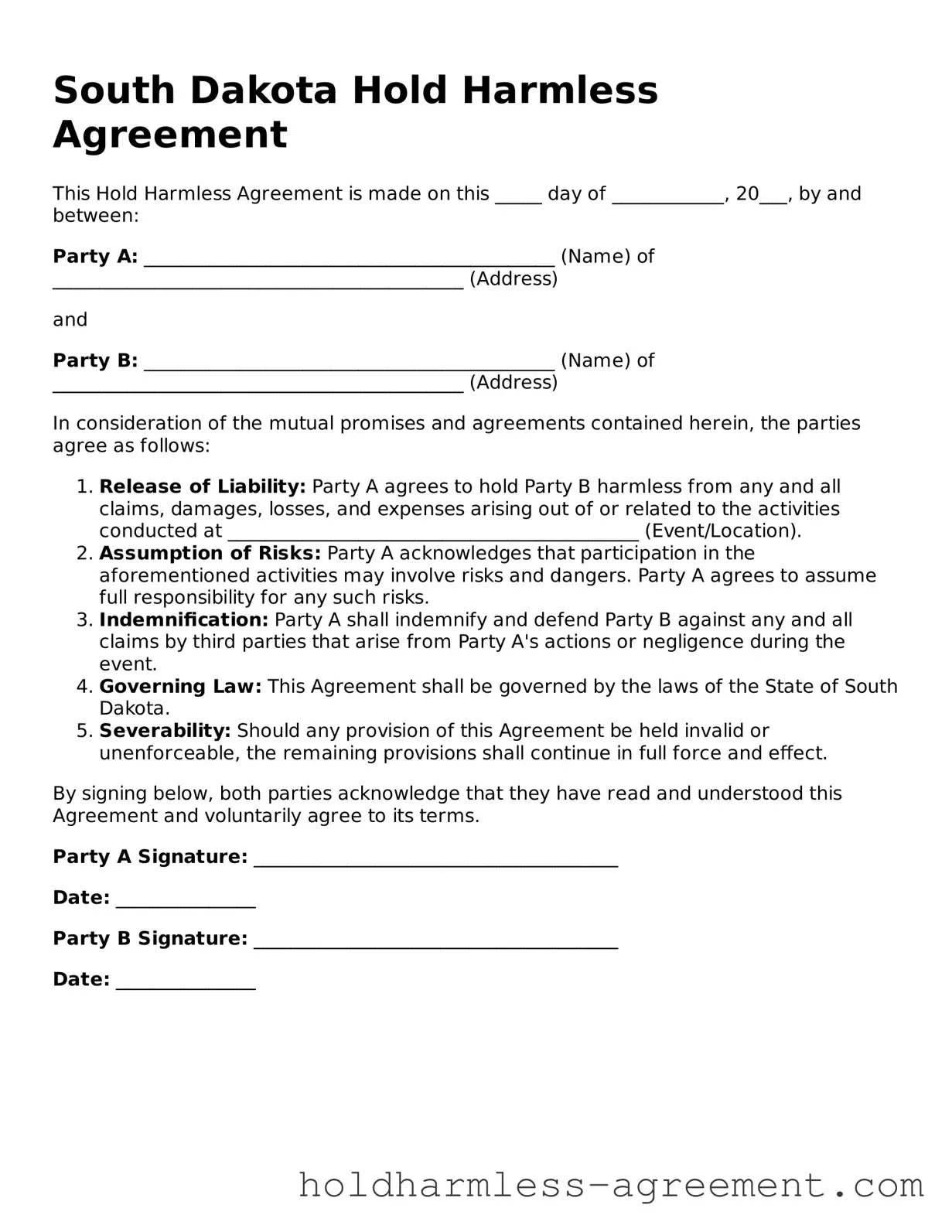 Printable Hold Harmless Agreement Form for South Dakota State