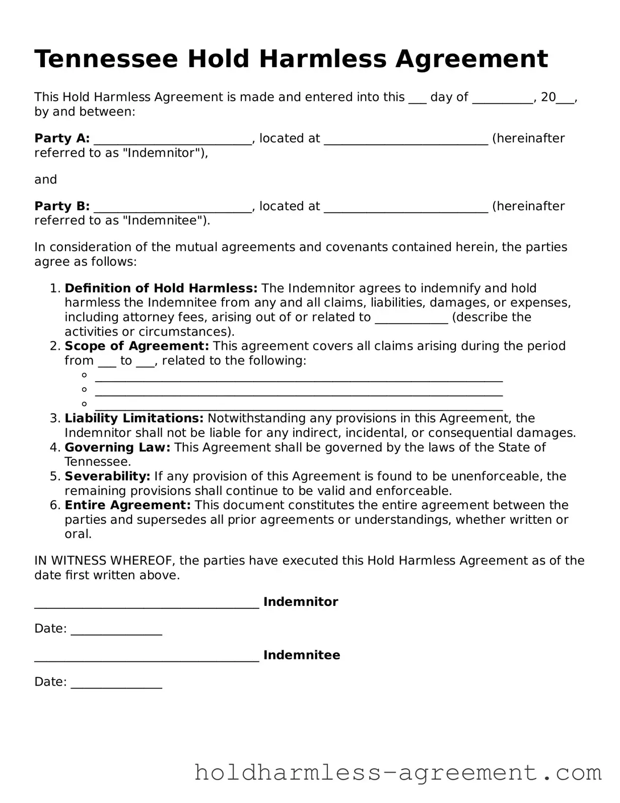 Printable Hold Harmless Agreement Form for Tennessee State