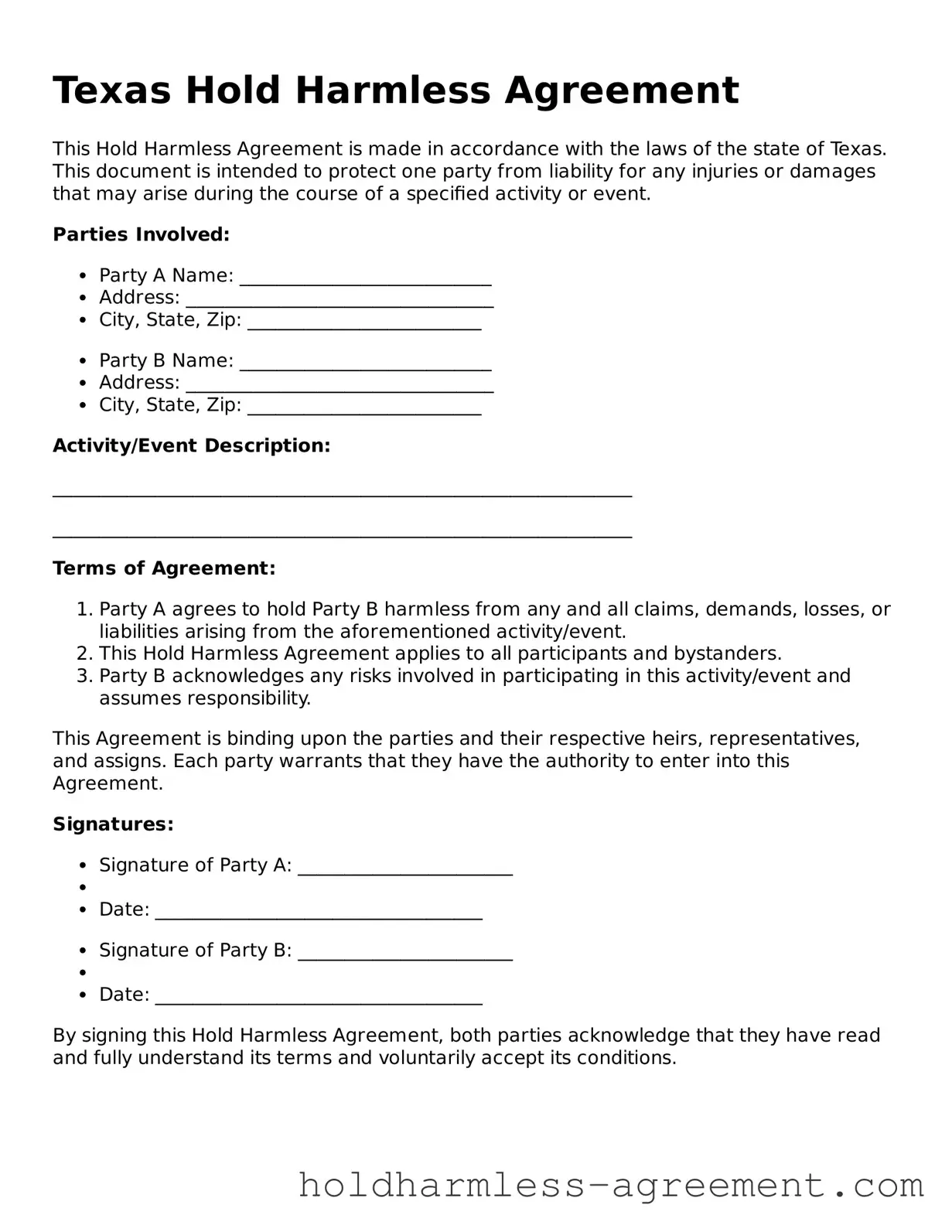 Printable Hold Harmless Agreement Form for Texas State