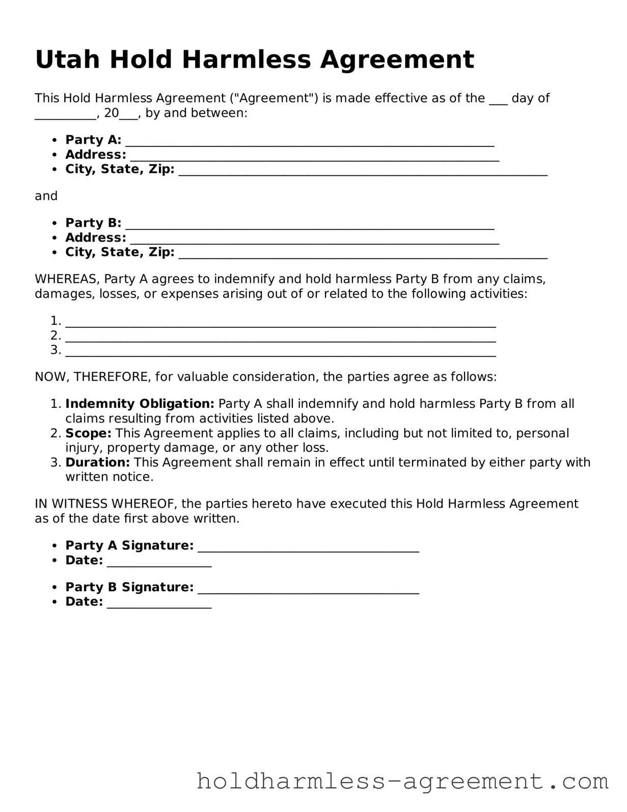 Printable Hold Harmless Agreement Form for Utah State