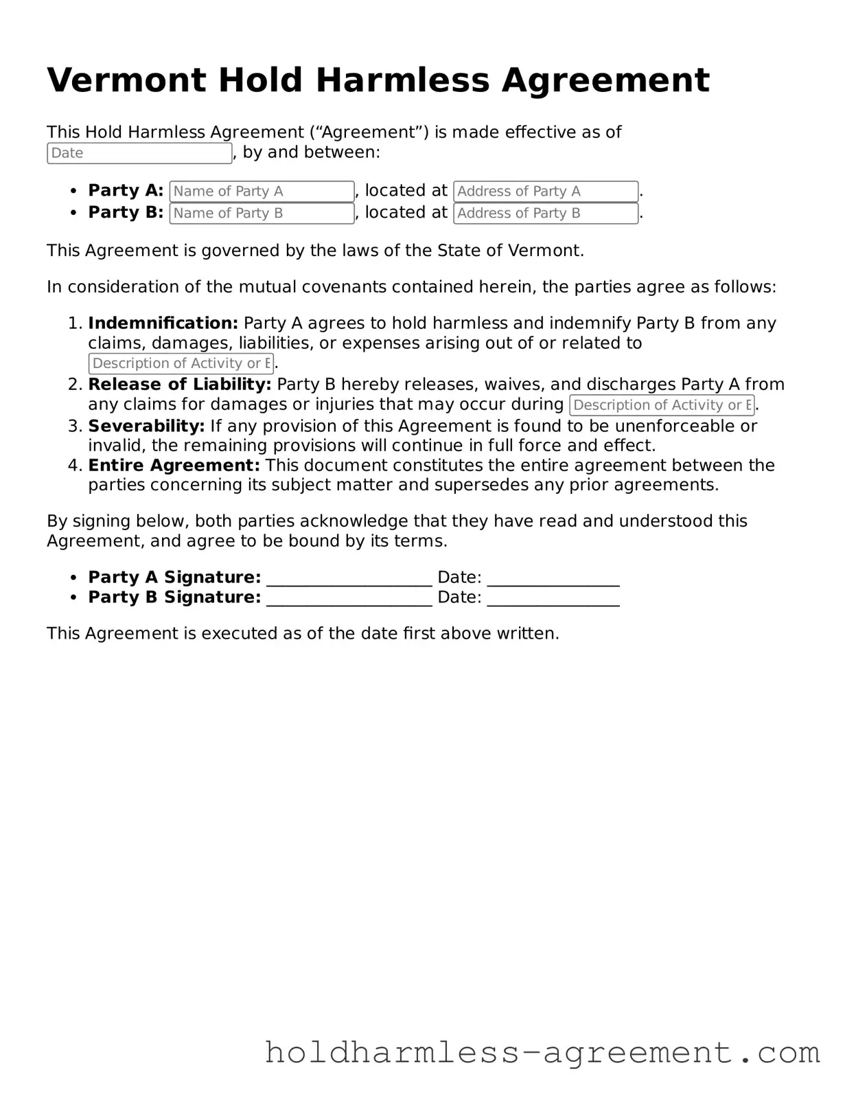 Printable Hold Harmless Agreement Form for Vermont State