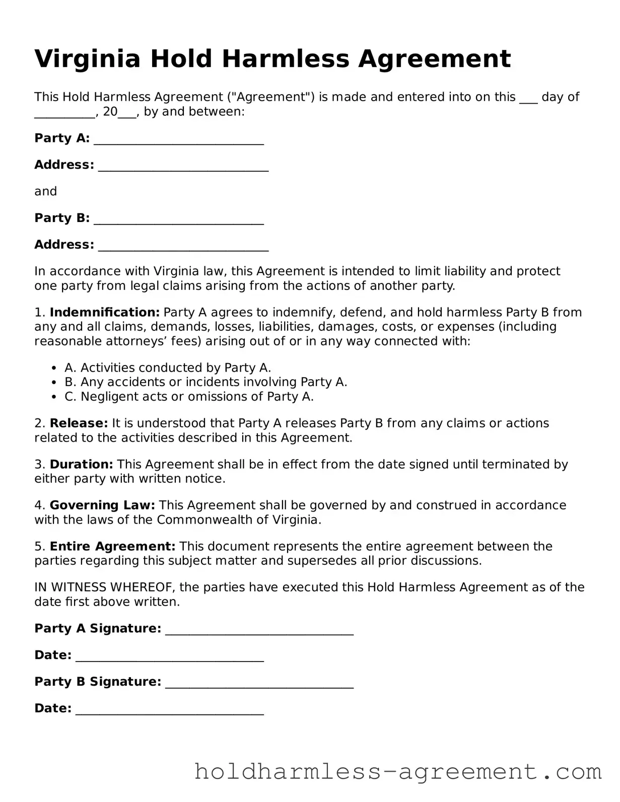 Printable Hold Harmless Agreement Form for Virginia State