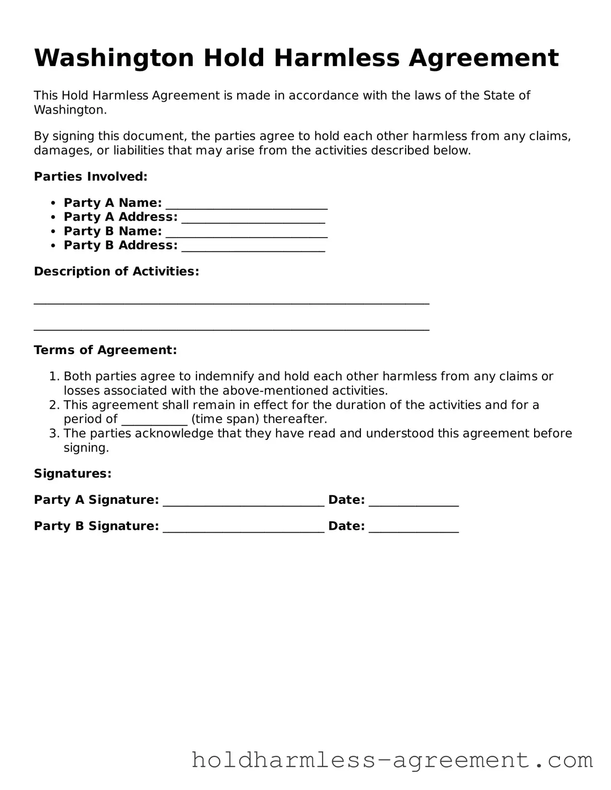 Printable Hold Harmless Agreement Form for Washington State