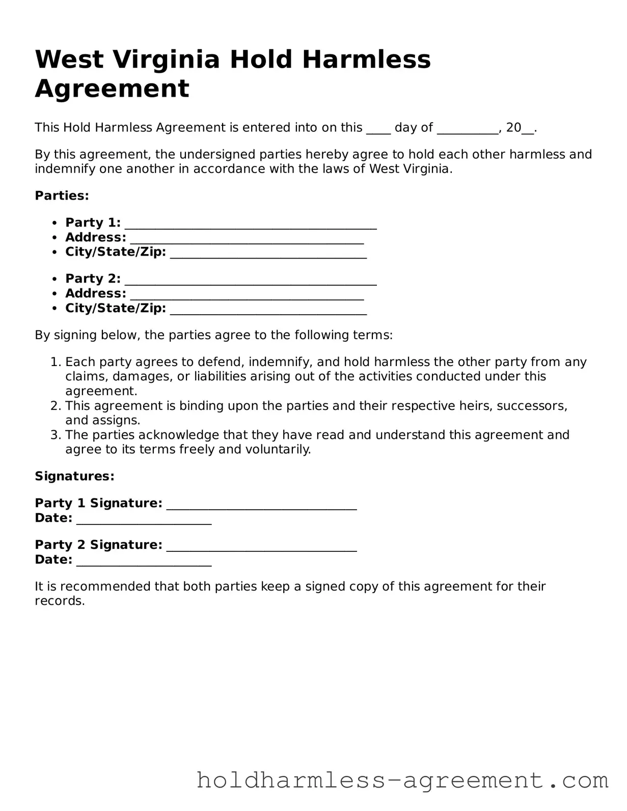 Printable Hold Harmless Agreement Form for West Virginia State