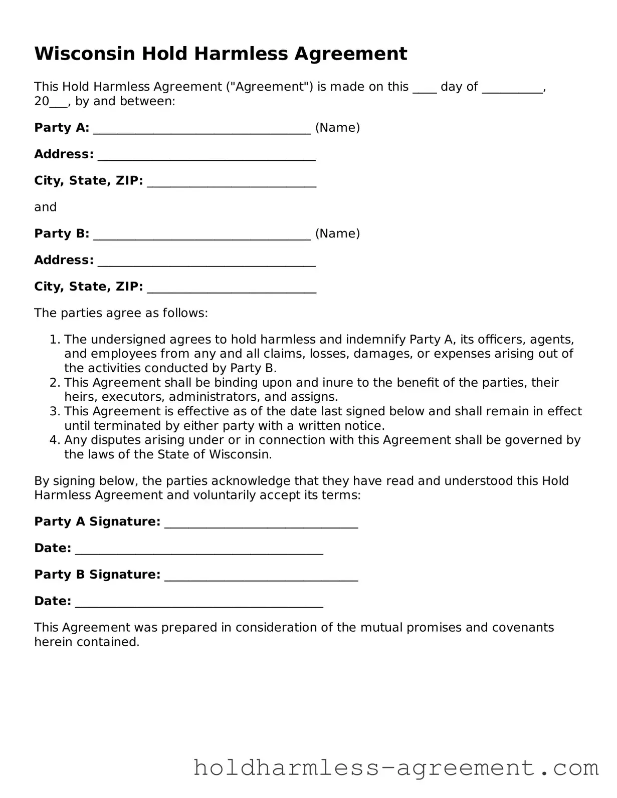 Printable Hold Harmless Agreement Form for Wisconsin State