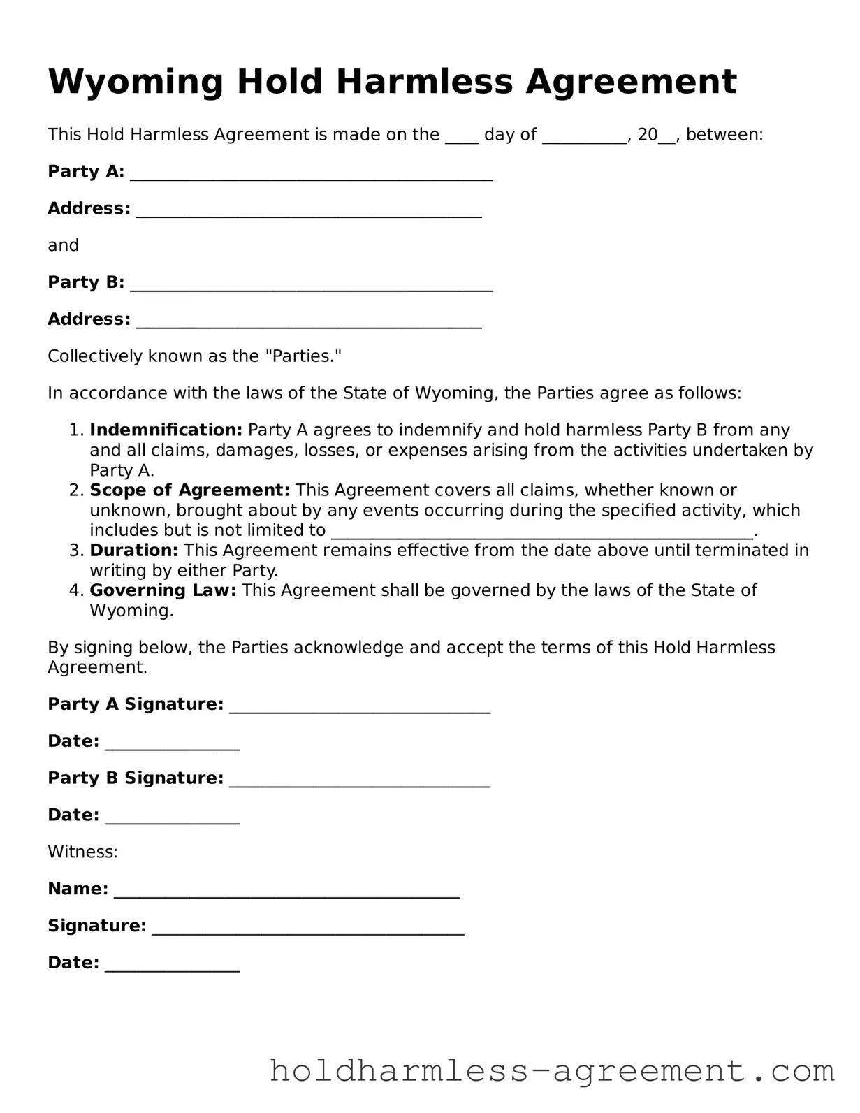 Printable Hold Harmless Agreement Form for Wyoming State